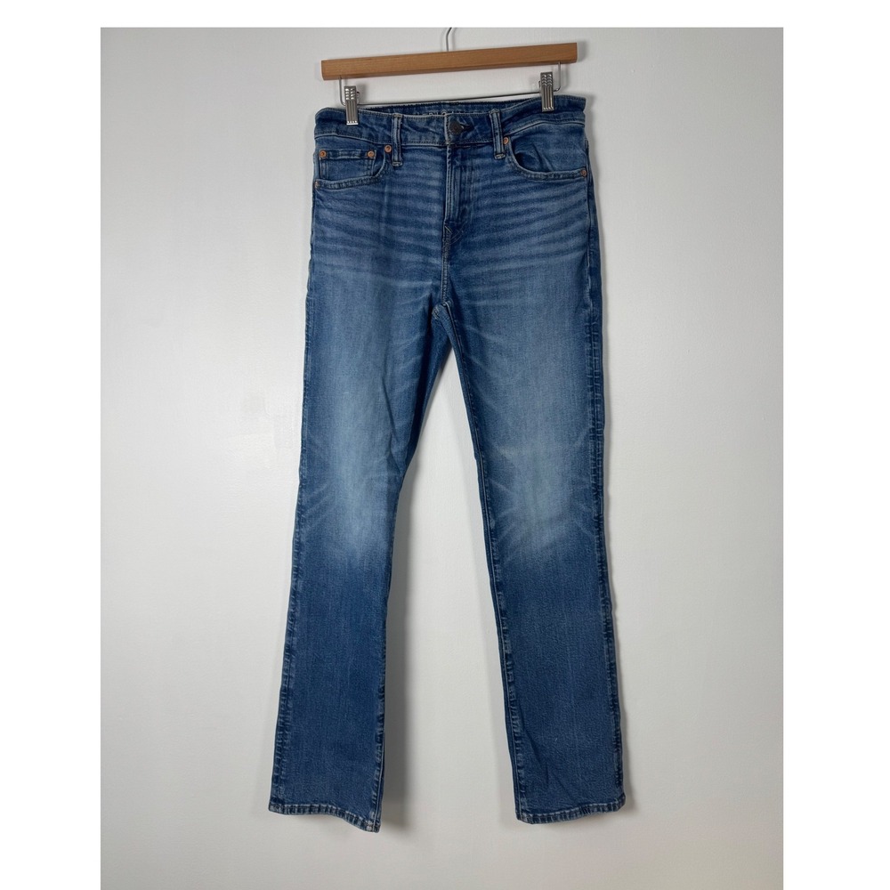 Distressed American Eagle Mens 30x34 Original Bootcut Blue Airflex+ Jeans Frayed